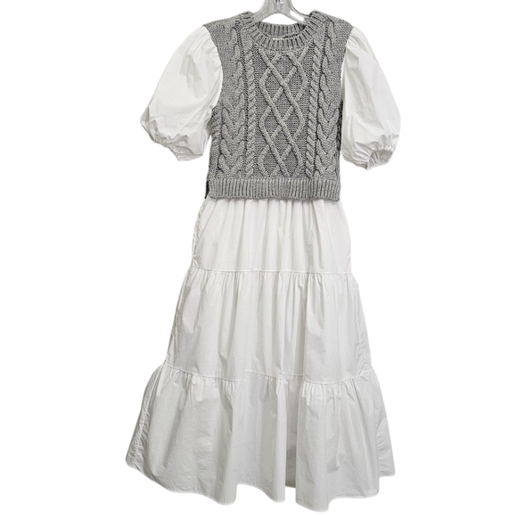 Anthropologie English Factory Wht/Gray Cable Knit Puff Sleeve Tier Ruffle Dress - Picture 8 of 17